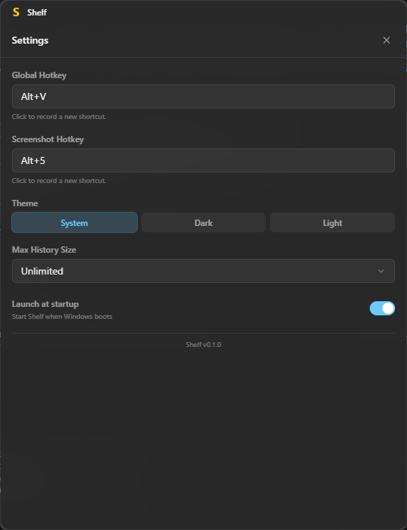 Shelf settings panel for hotkeys, history size, theme and startup options