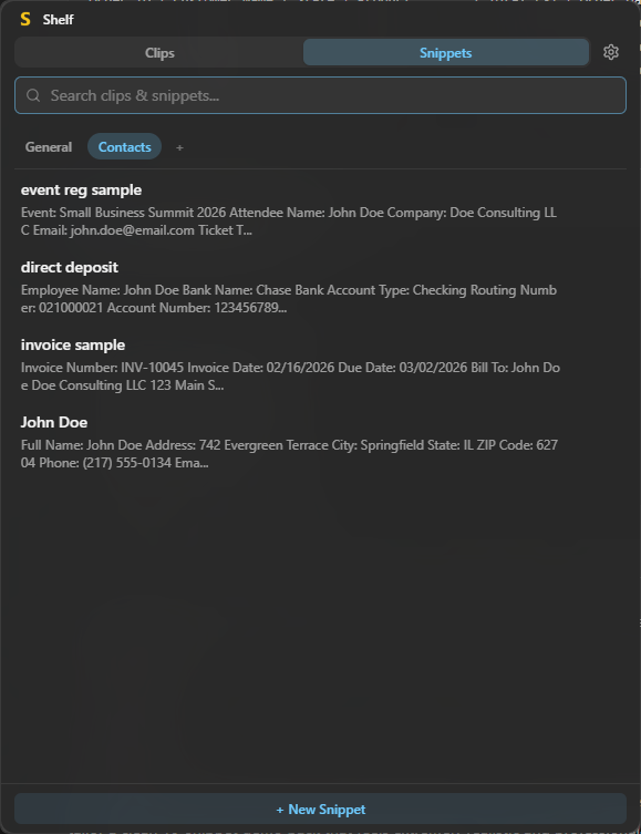 Shelf snippets view showing reusable text templates organized into folders